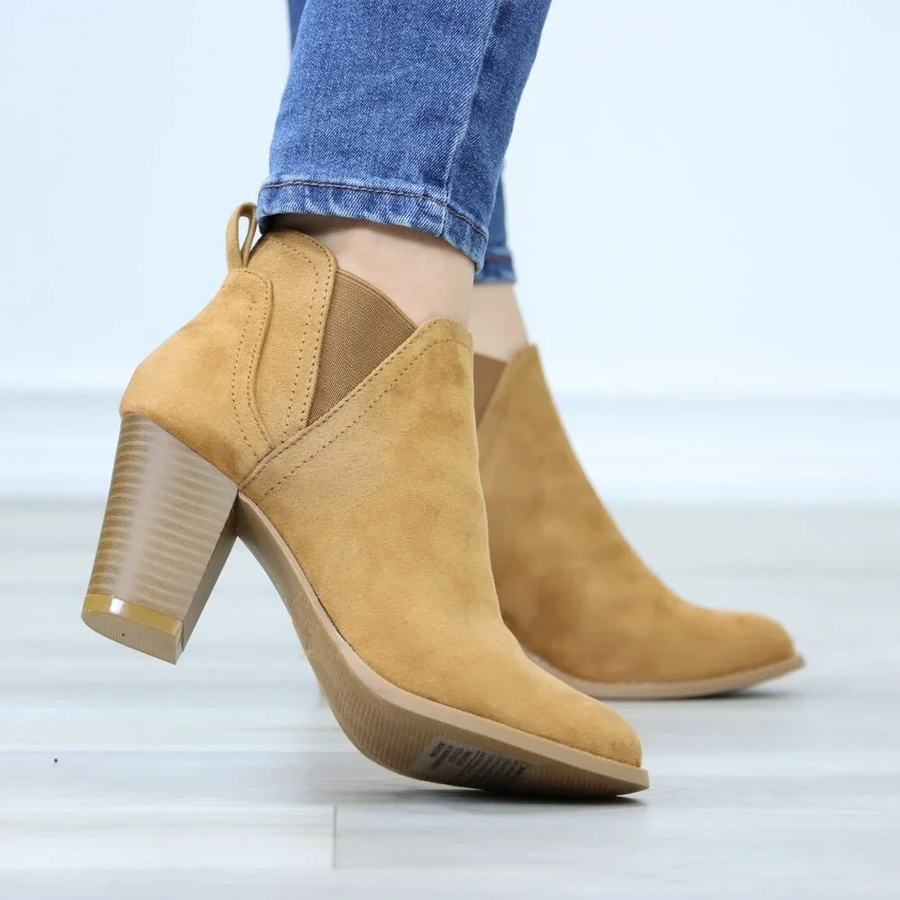 Block High Heeled Ankle Boots Brown Synthetic Suede Chelsea Cone - Picture 4 of 15